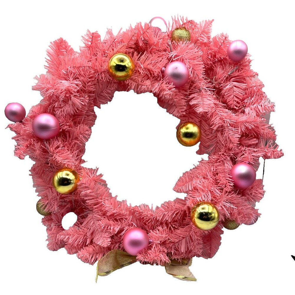 Large Pink Artificial Christmas Wreath with LED Lights and Ornaments